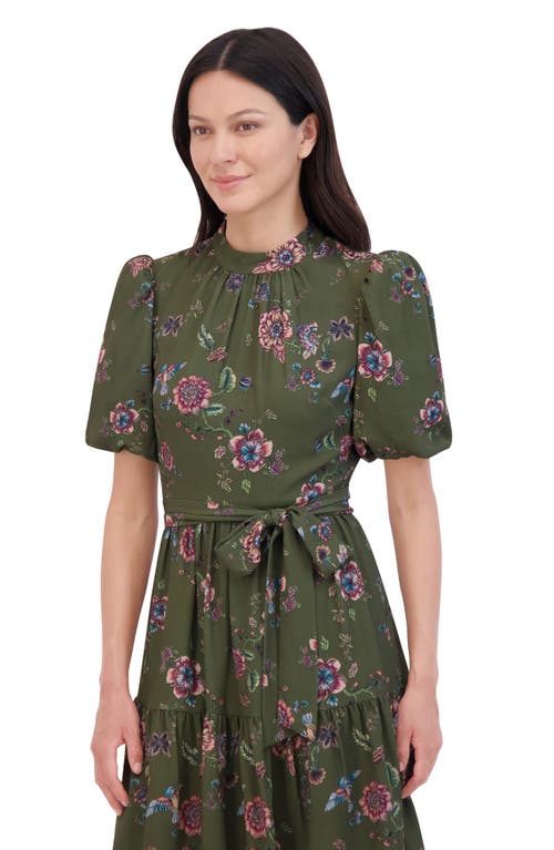 Shop Eliza J Floral Print Puff Sleeve Dress In Olive