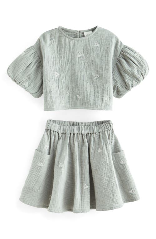 NEXT Kids' Double Cloth Puff Sleeve Top & Skirt Set Green at Nordstrom,