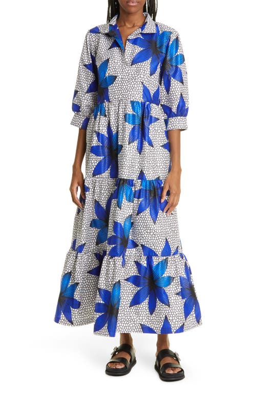 The Oula Company Floral Print Cotton Blend Dress in Blue White