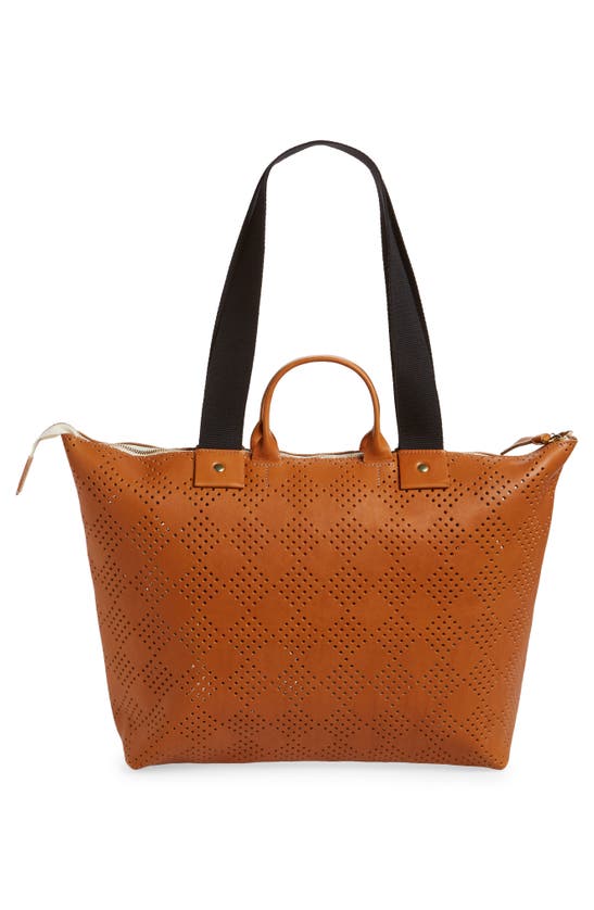 Shop Clare V Le Zip Sac Perforated Leather Tote In Cuoio Lightweight Checker Perf