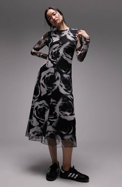Long Sleeve Mesh Midi Dress in Black Multi