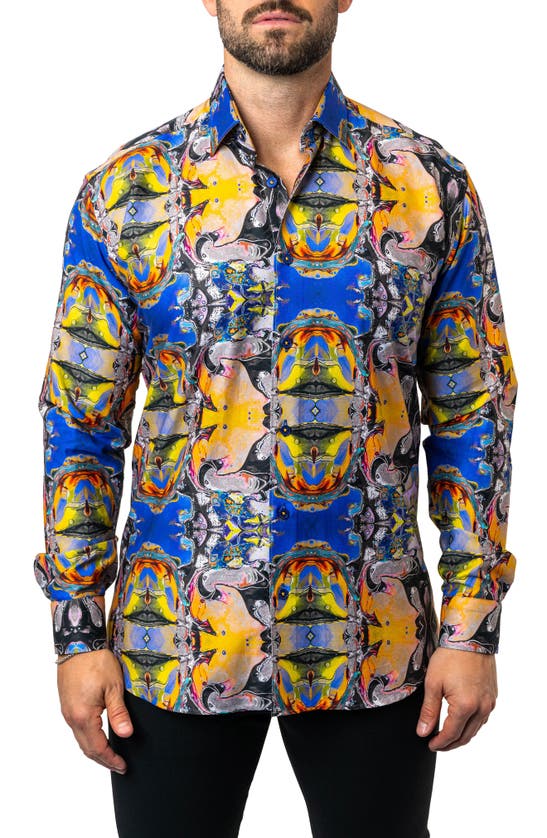 Shop Maceoo Fibonacci Acid Trip Contemporary Fit Button-up Shirt In Blue