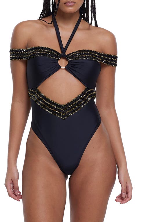 River Island belted monogram halterneck swimsuit in brown | Smart