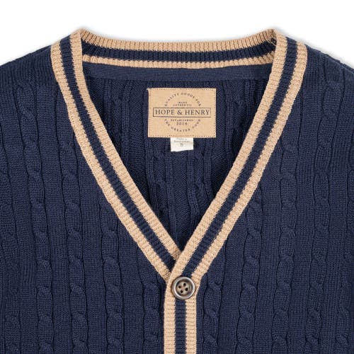 Hope & Henry Baby Boys' Organic Cable Cardigan, Infant In Navy Cable With Camel