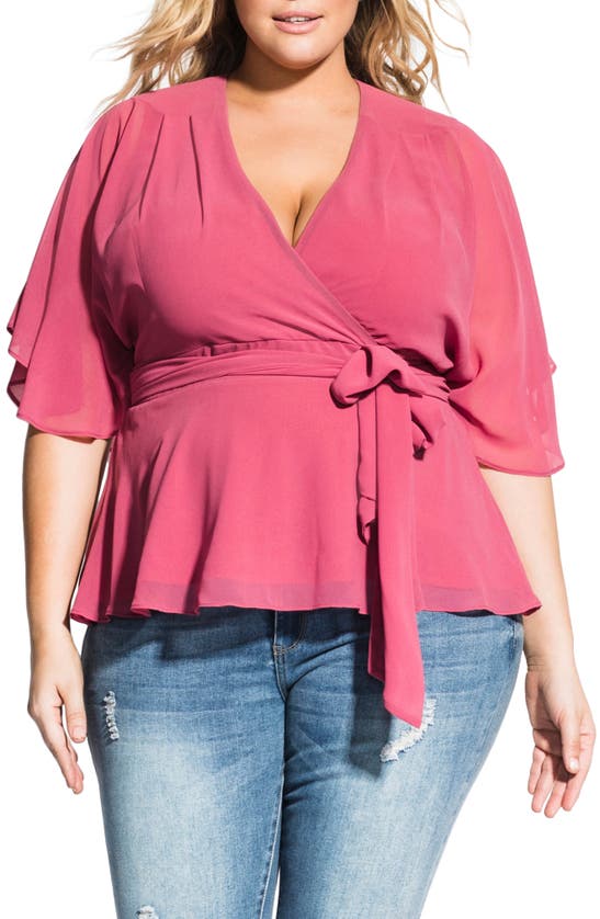 Click to view more detailed imagery on our partner's website City Chic Plus Faux-wrap Flutter Top In Rose
