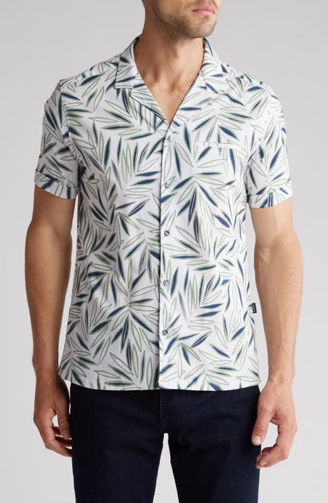 Trim Fit Palm Print Short Sleeve Stretch Shirt