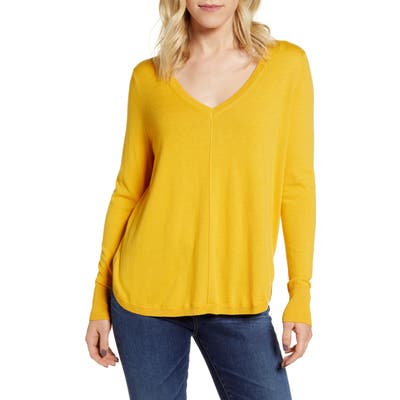 Petite Caslon High-Low V-Neck Sweater, Yellow
