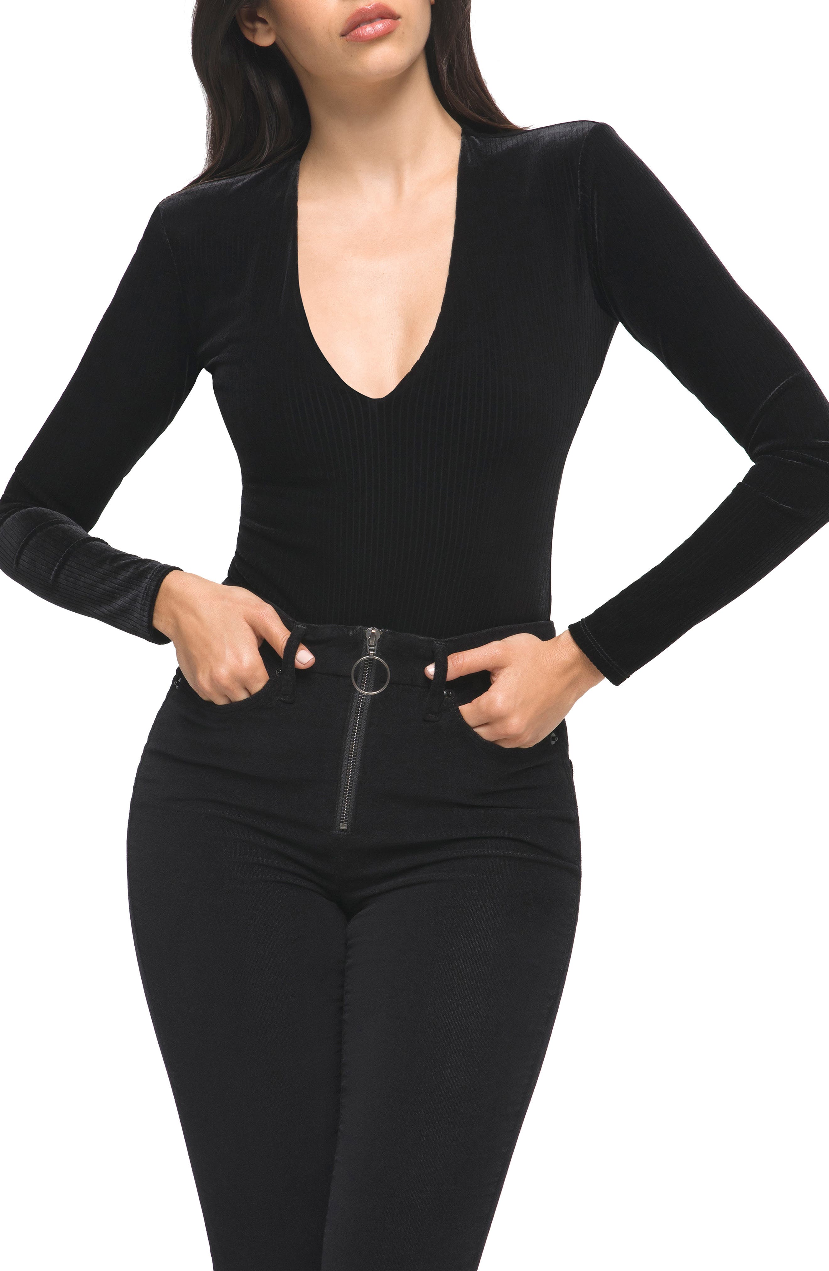 Shop Good American Deep-v Velvet Bodysuit In Black