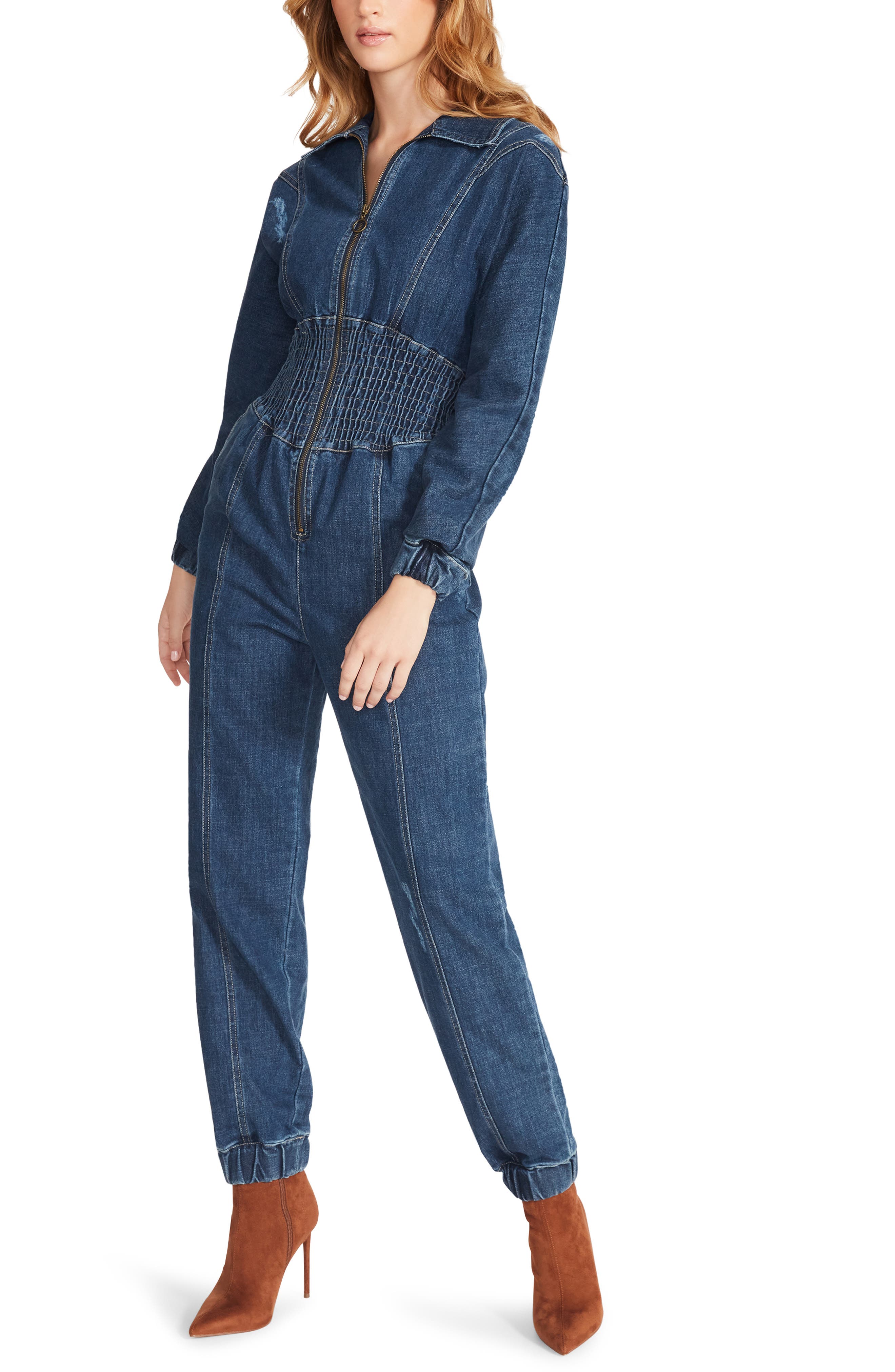 smocked denim jumpsuit