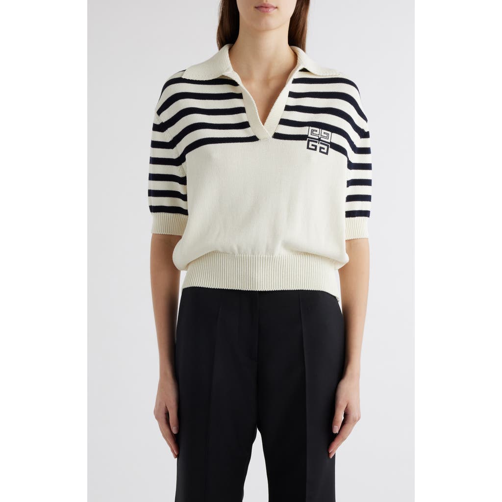 Givenchy Logo & Stripe Crop Polo Sweater In White/navy