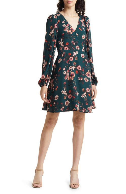 Chelsea28 Floral Long Sleeve Faux Wrap Dress in Green Botanical Blooms