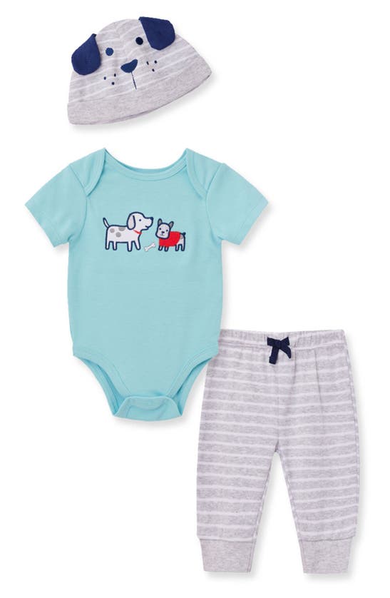 Little Me Babies' Puppies Cotton Bodysuit, Joggers & Hat Set In Grey