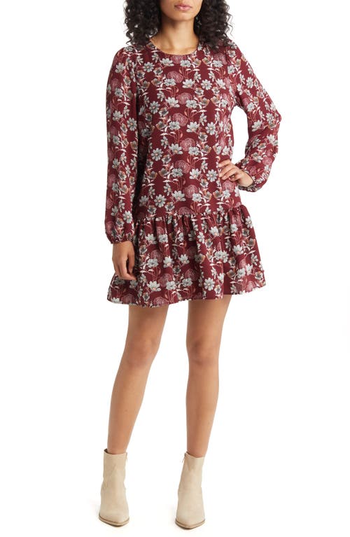 caslon(r) Floral Print Long Sleeve Drop Waist Minidress in Burgundy Floral