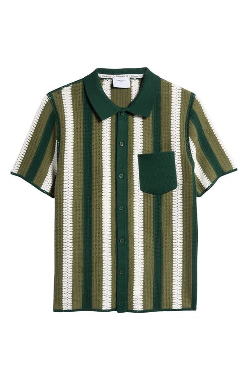 Shop Percival Pathos Stripe Crochet Short Sleeve Organic Cotton Button-up Shirt In Forest