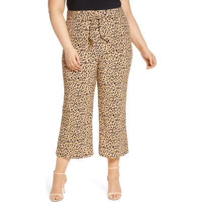 Plus Size Leith Leopard Print Tie Front Crop Flare Pants, Brown