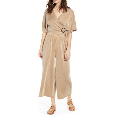 All In Favor Wrap Front Wide Leg Jumpsuit, Brown