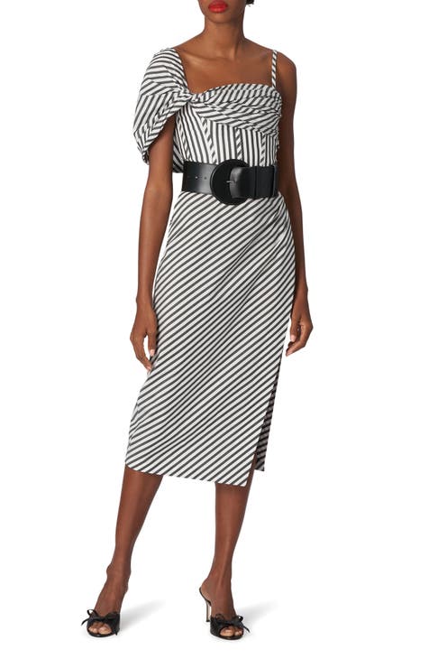 Stripe One-Sleeve Side Slit Midi Dress
