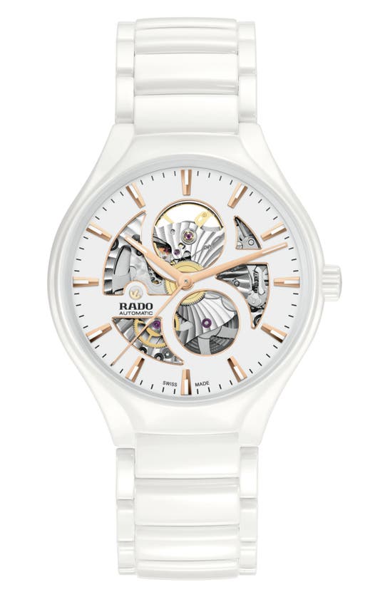 Shop Rado True Round Automatic Open Heart Bracelet Watch, 40mm In White