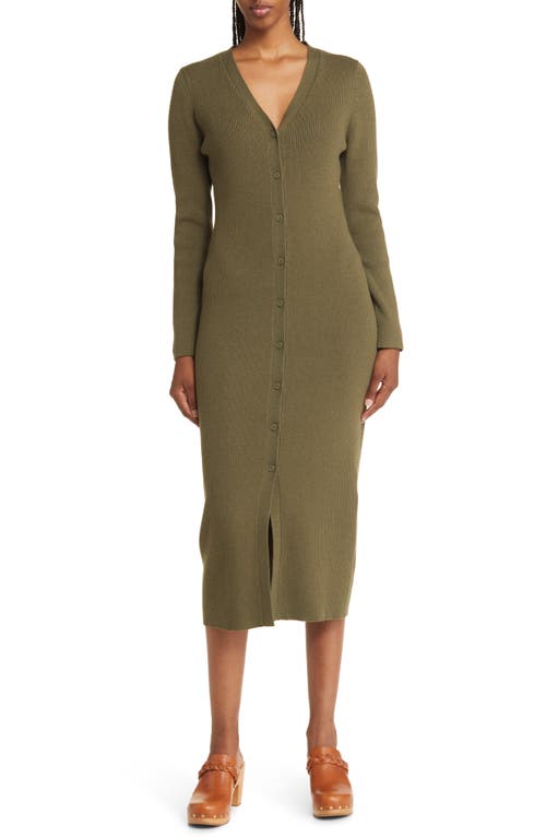 caslon(r) Long Sleeve Button-Up Rib Sweater Dress in Olive Sarma