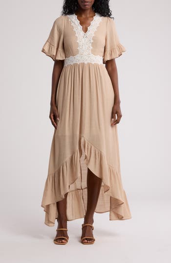 Wishlist Lace Trim High-low Dress In Taupe