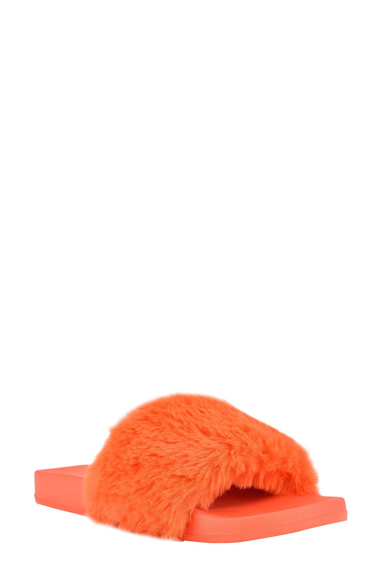 red faux fur slides
