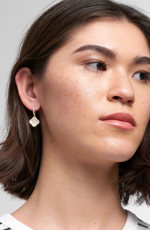 Adornia 14k Gold-plated Crystal Halo White Mother-of-pearl Clover Dangle Huggie Earrings In Gold