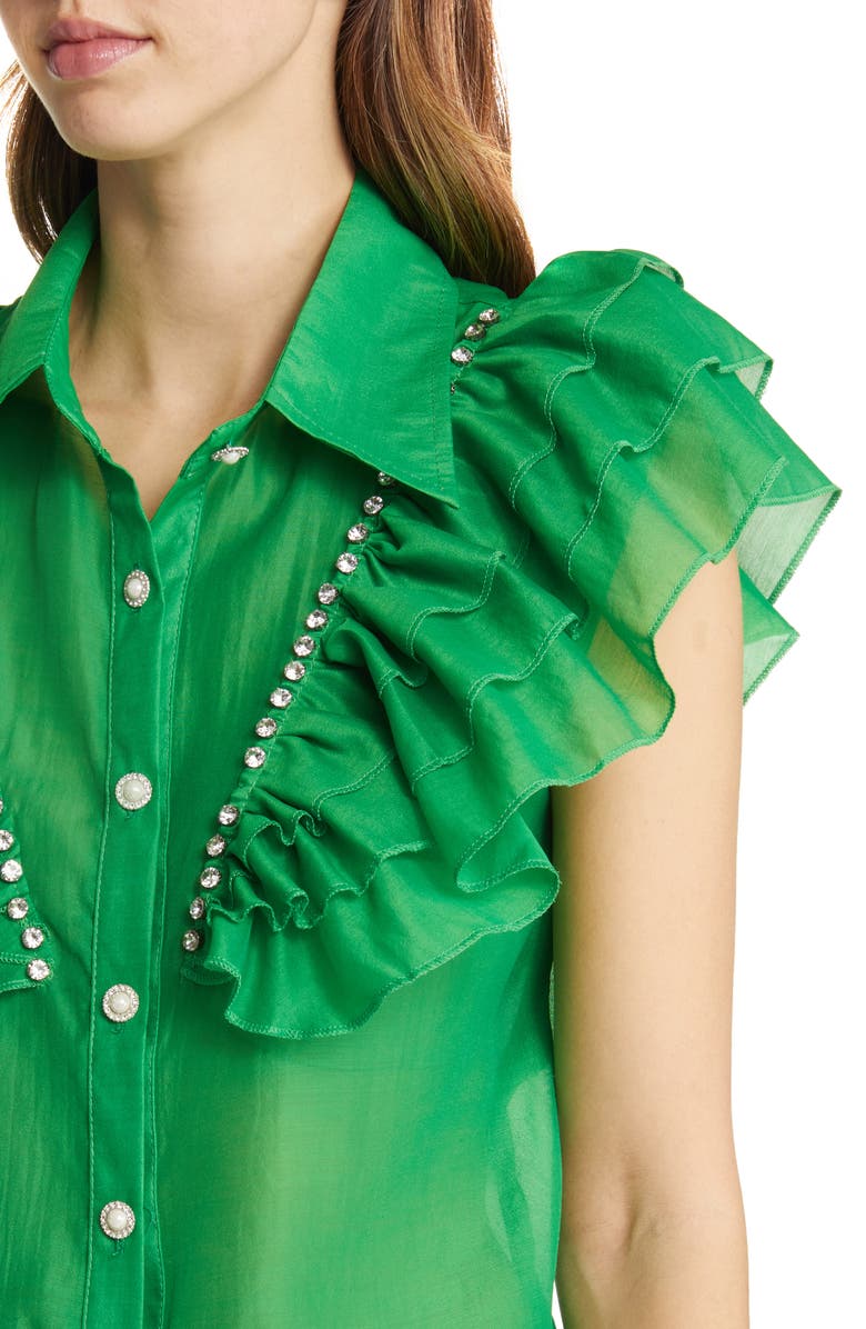 NIKKI LUND Holly Rhinestone Ruffle Button-Up Blouse, Alternate, color, Bright Green