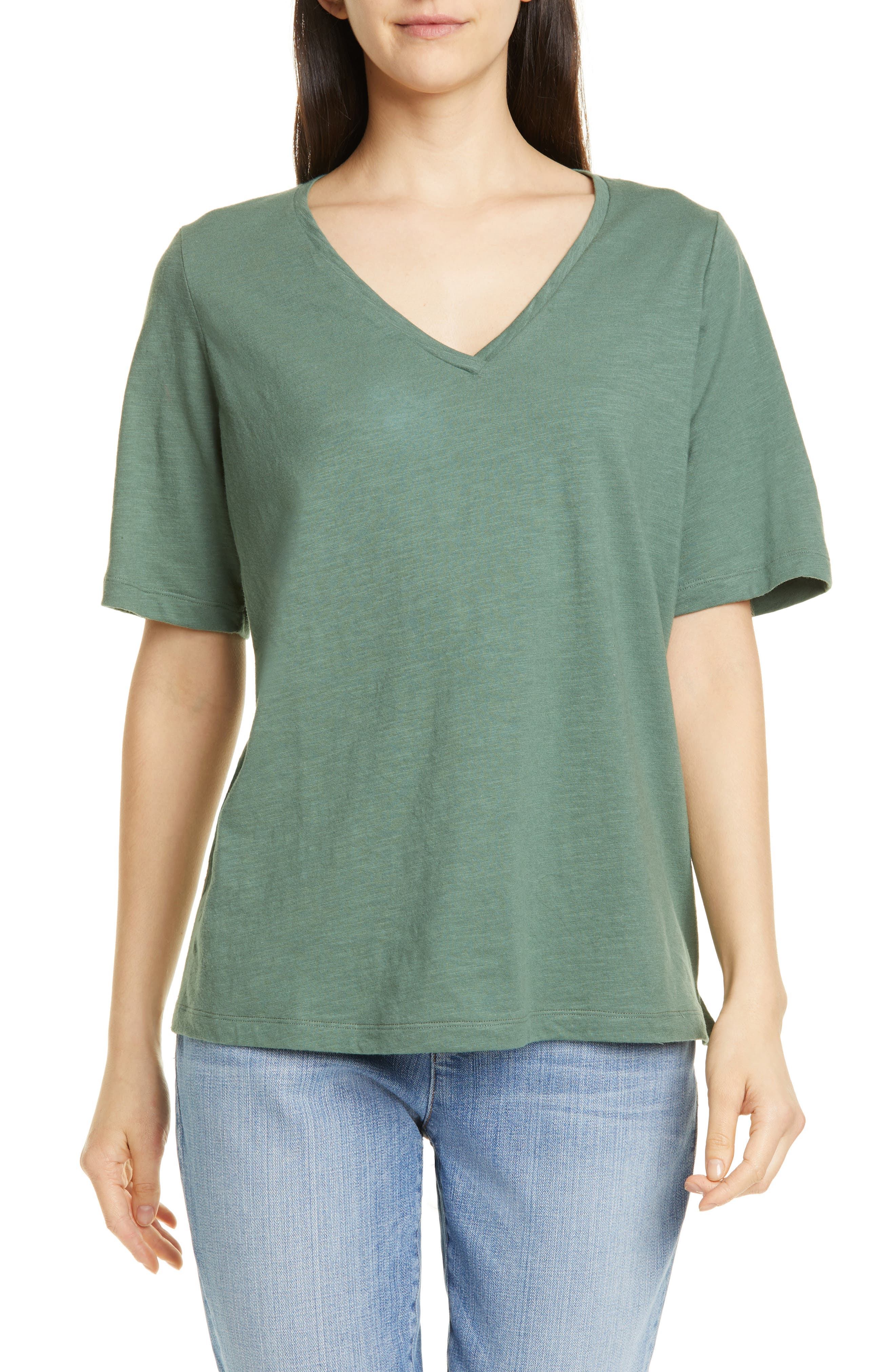 Eileen Fisher V-Neck Organic Cotton Tee, Green
