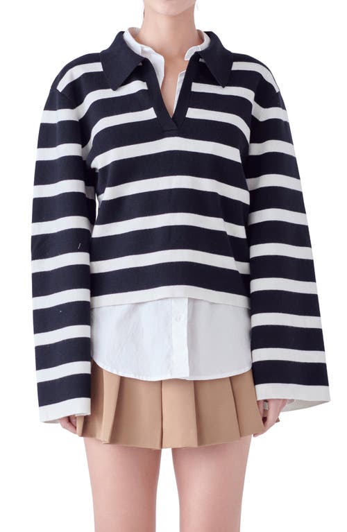 Shop English Factory Stripe Crop Polo Sweater In Black/white