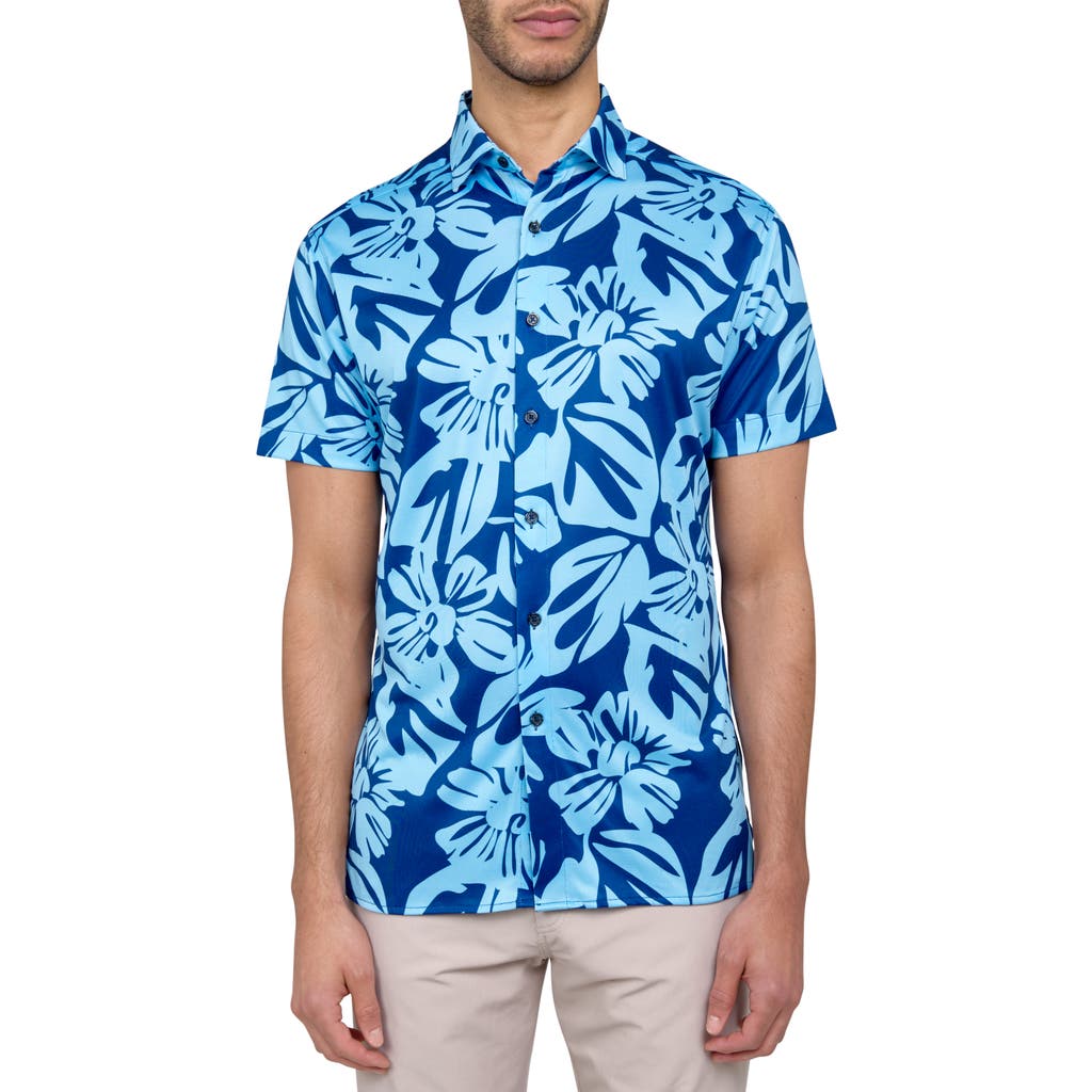 Construct Con.struct Exploded Floral Print Performance Button-down Shirt In Light Blue/navy