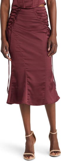 HOUSE OF CB Sidonie Lace-Up Satin Trumpet Midi Skirt | Nordstrom
