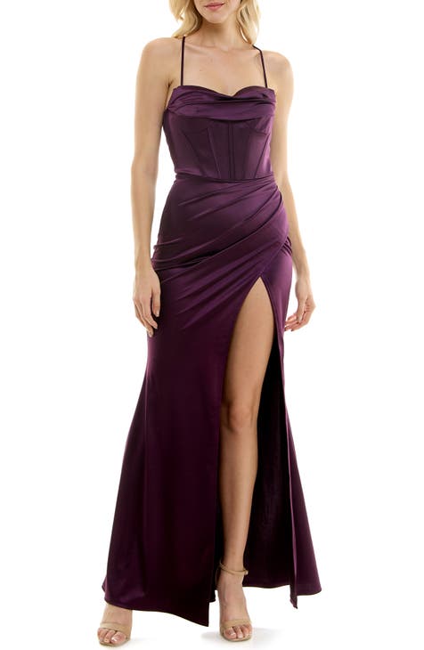 Pleated Side Slit Sleeveless Satin Gown