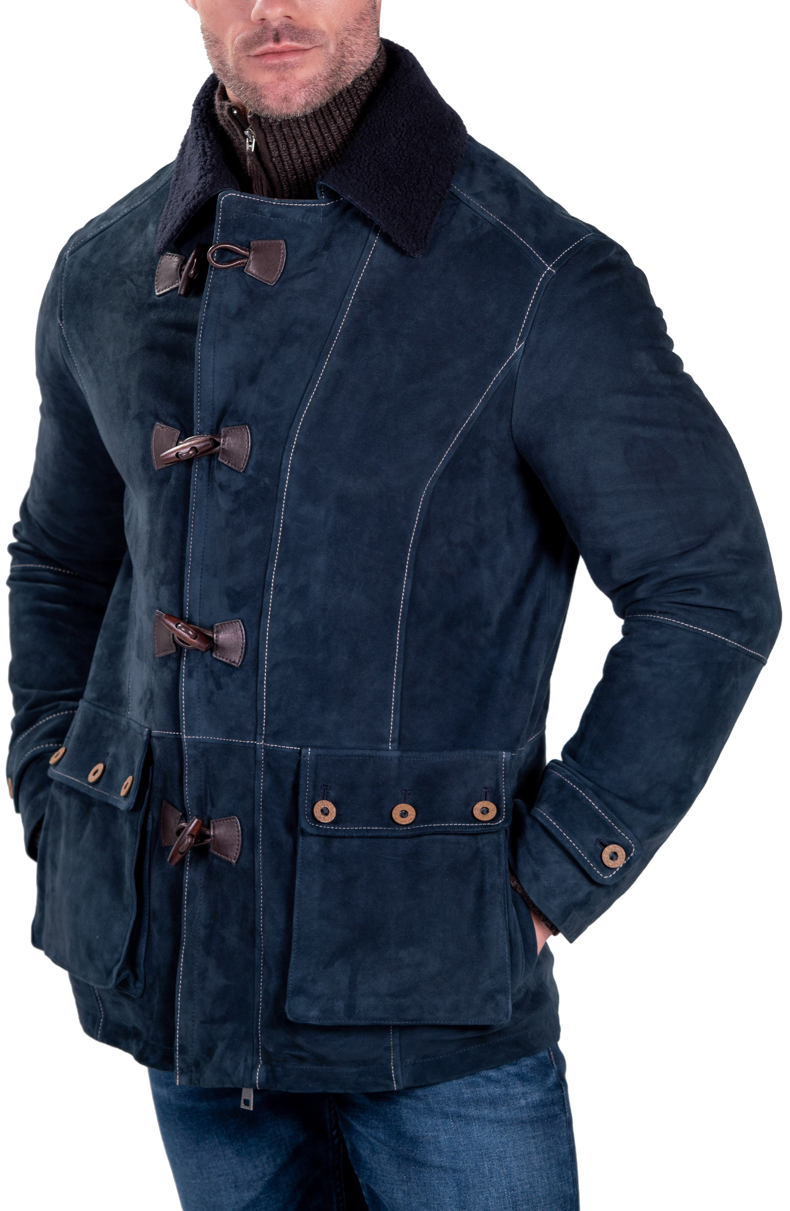 Comstock & Co. Paratrooper Water Resistant Reversible Leather & Nylon Bomber Jacket in Navy