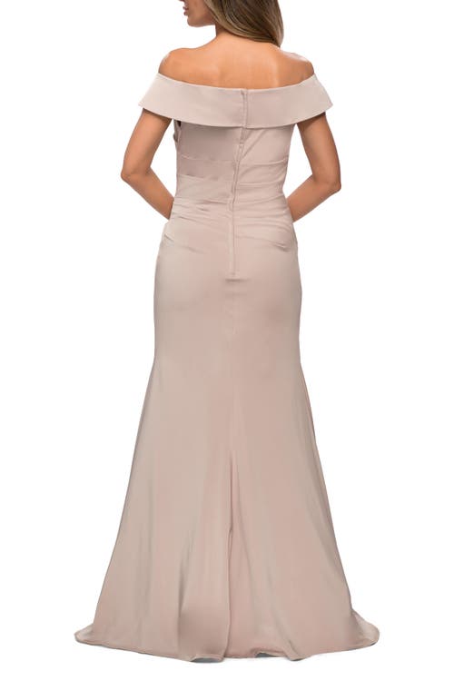 Shop La Femme Off The Shoulder Satin Evening Gown With Ruching In Champagne