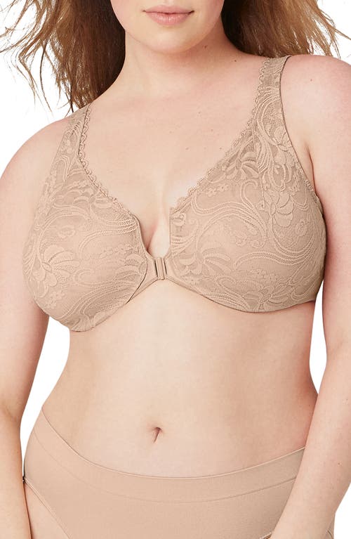 WonderWire Front Close Stretch Lace Underwire Bra in Cafe