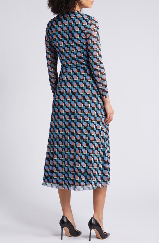 Shop Anne Klein Geo Print Long Sleeve Faux Wrap Midi Dress In Anne Black/ Cape Blue Multi