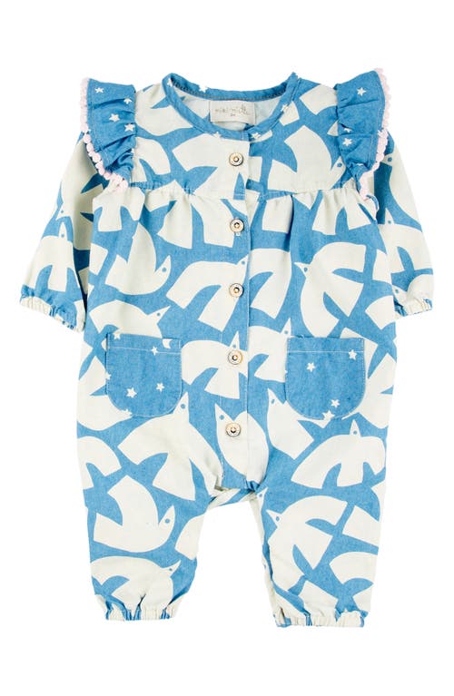 Miki Miette Ada Bird Print Cotton Ruffle Romper in Nordic Sky 