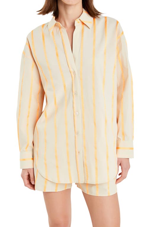 Shop English Factory Oversize Taped Stripe Long Sleeve Button-up Shirt In Beige/orange