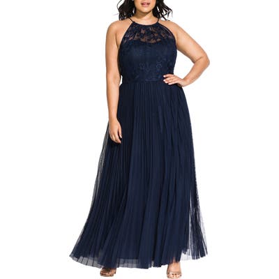 Plus Size City Chic Angelic Embroidered Tulle Gown, Blue