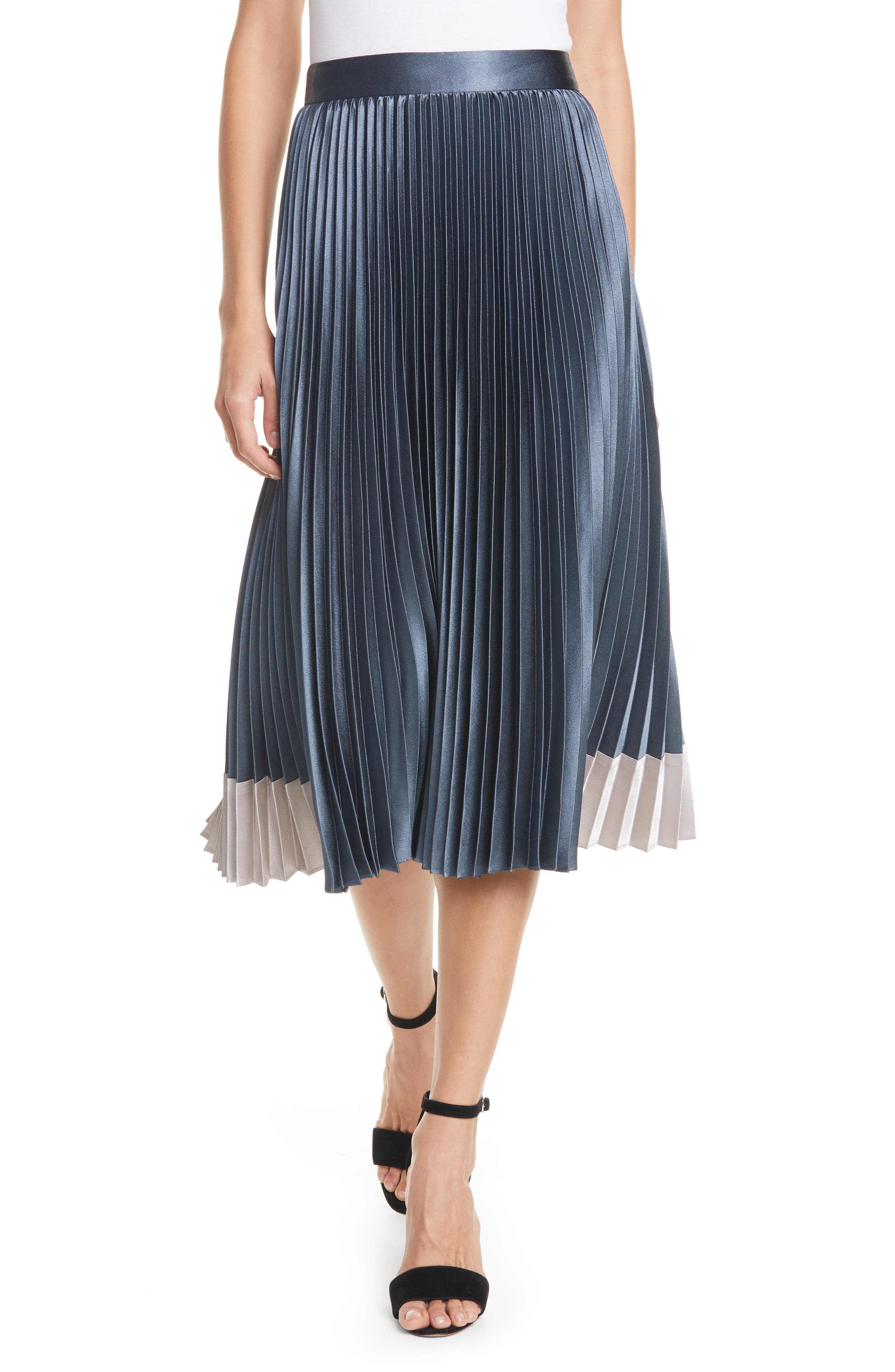 metallic pleated midi skirt blue