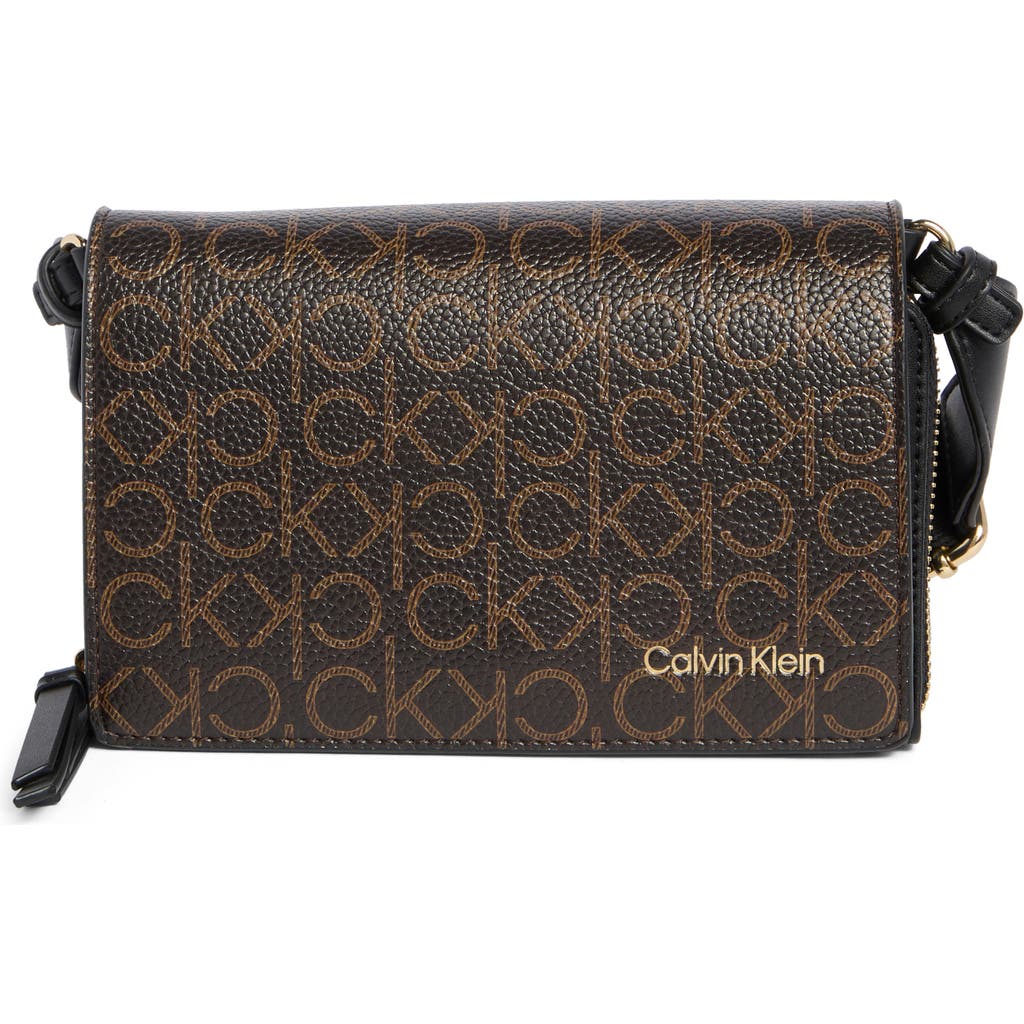 Shop Calvin Klein Millie Monogram Crossbody Bag In Brown Khk/bk