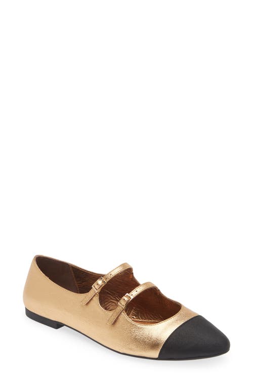 Jeffrey Campbell Satine Double Strap Metallic Mary Jane Flat In Gold/black Fabric