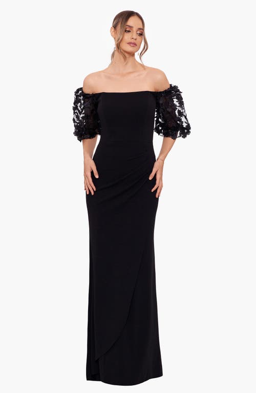 Xscape Evenings Off The Shoulder Floral Appliqué Trumpet Gown In Black