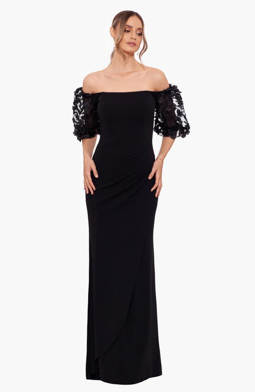 Shop Xscape Evenings Off The Shoulder Floral Appliqué Trumpet Gown In Black