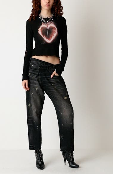 R13 Distressed Flaming Heart Cashmere Crop Sweater