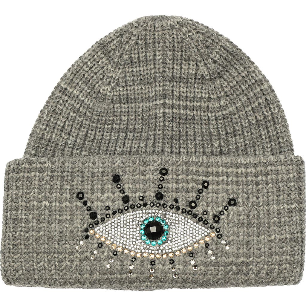 Kurt Geiger London Beaded Evil Eye Beanie In Dark Grey Marl