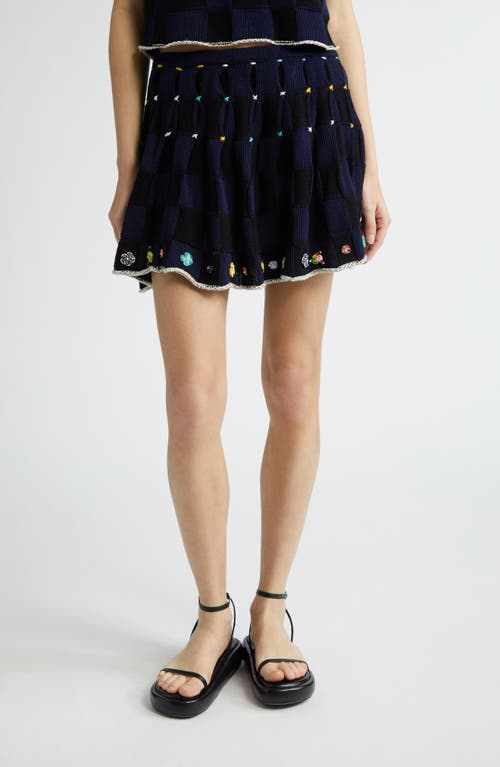 Checkerboard Embroidered Knit Miniskirt in Midnight