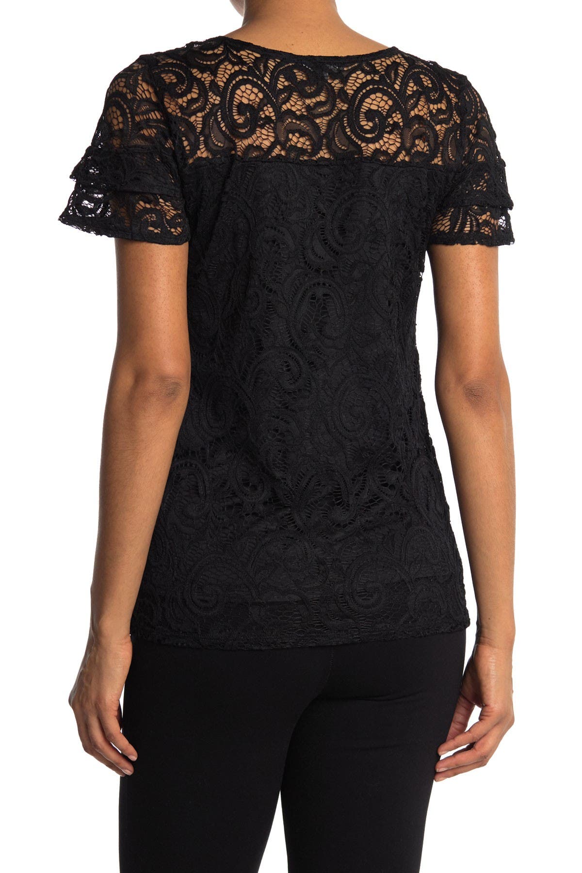 Adrianna Papell Stretch Lace Paisley Short Sleeve Top In Oxford