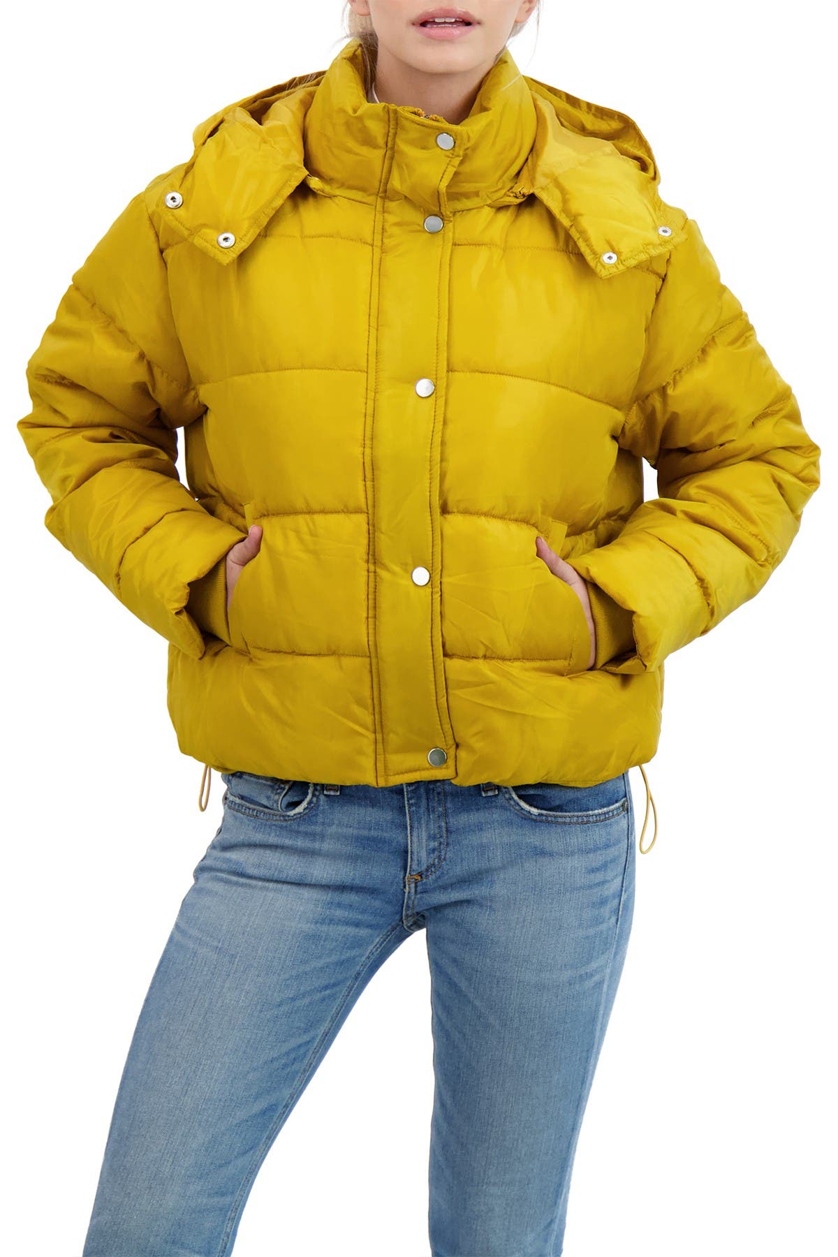 mustard hooded puffer jacket