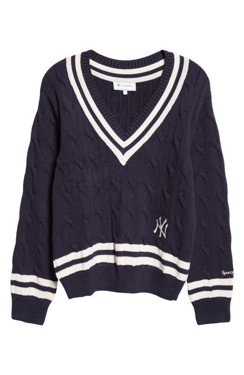 Shop Sporty And Rich Sporty & Rich Yankees Serif V-neck Cable Knit Sweater In Navy